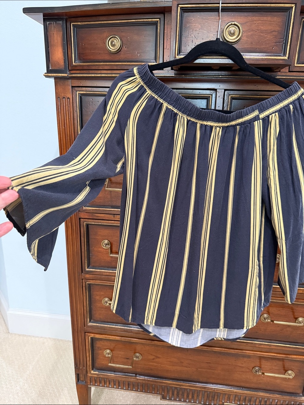 Velvet Heart Navy and Yellow Striped Off-Shoulder Blouse